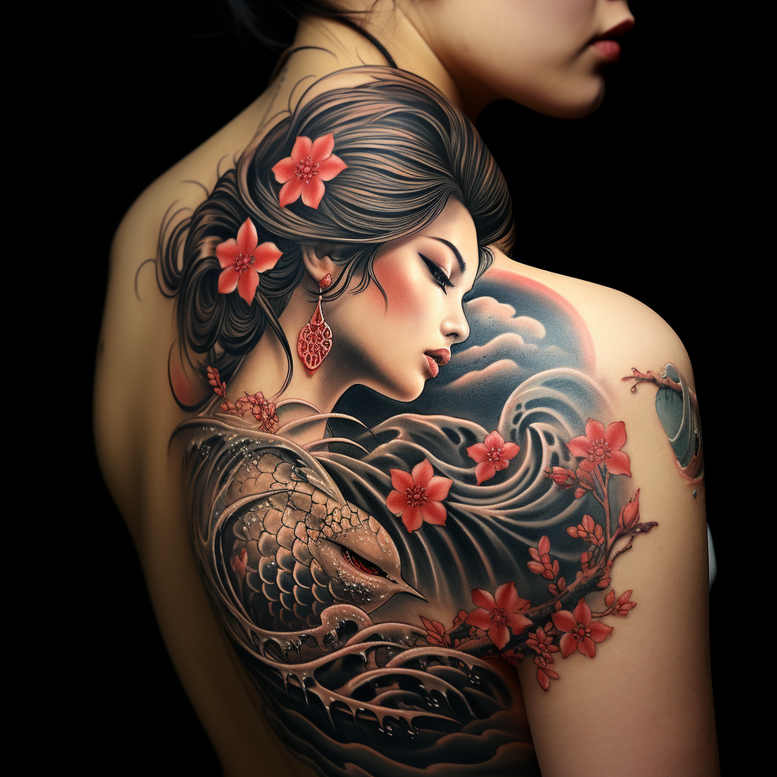 geisha-charm – tattoo design ideas free ai generated – realism-realistic-lighting – for-calf – Gallery: geisha-inkby-ai