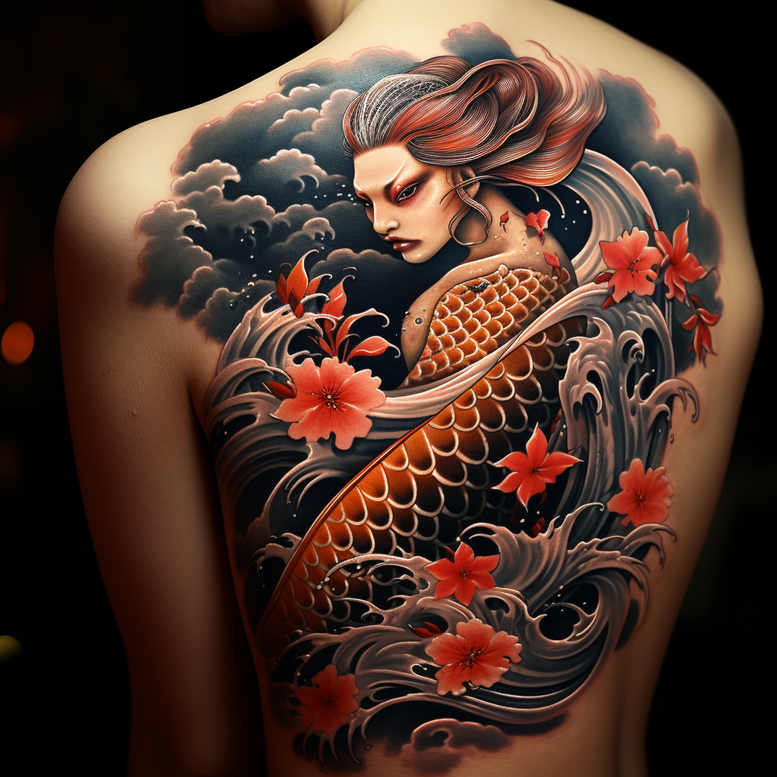 geisha-drawing – tattoo design ideas free ai generated – neotraditional-vivid-color – for-lower-chest – Gallery: geisha-inkby-ai