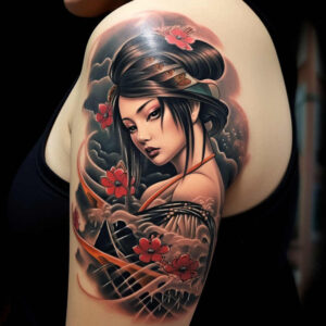 geisha-spirit – tattoo design ideas free ai generated – realism-emotional-depth – for-chest – Gallery: geisha-inkby-ai