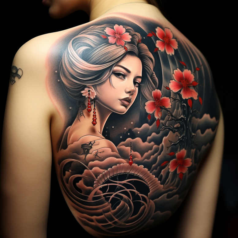 geisha-tattoo – tattoo design ideas free ai generated – neotraditional-refined-detail – for-stomach – Gallery: geisha-inkby-ai