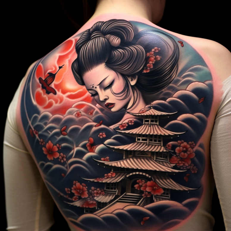 geisha tattoo design ideas Surrealism symbolism delicate shading embodying determination