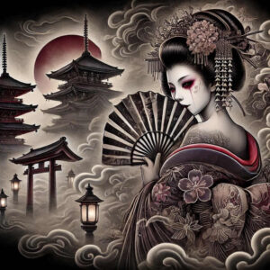geisha tattoo design ideas gentle shadow elegant for lower thigh