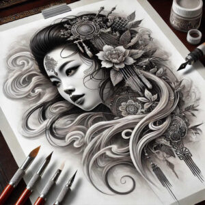 geisha tattoo design ideas Surrealism whimsical floral motifs for chest