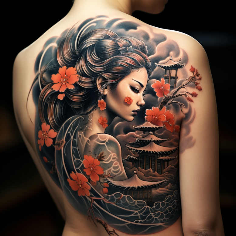 geisha tattoo design ideas Surrealism ethereal glow hair ornaments for spine