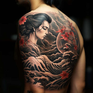 traditional-geisha – tattoo design ideas free ai generated – realism-soft-focus – for-ribs – Gallery: geisha-inkby-ai