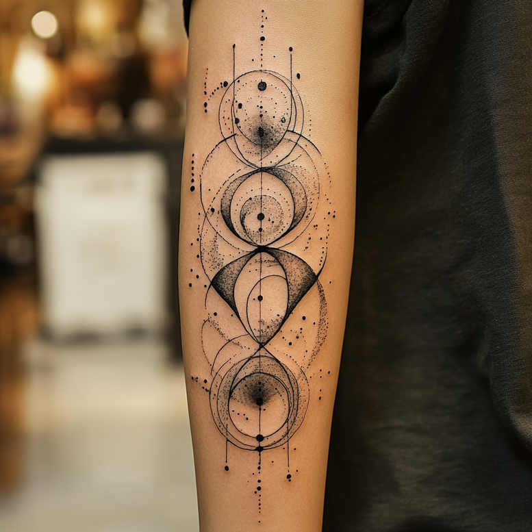 Geometric black and grey forearm tattoo with circles, lines, dots, and crescents; project image; not cover-up suitable.