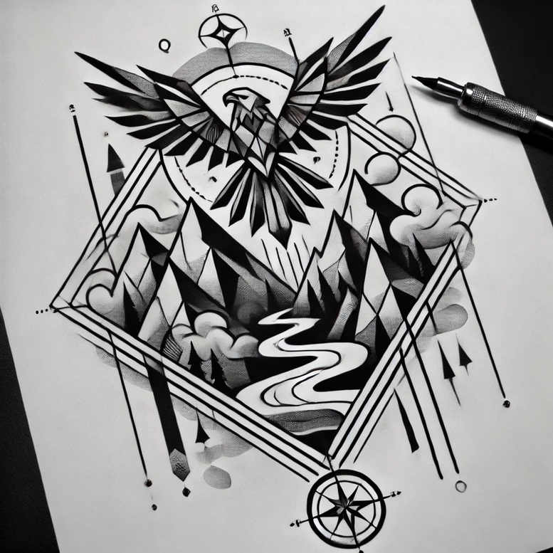 Eagle in a diamond frame over mountains and winding river with clouds, compass at base; black and grey, tattoo design, project, suitable for cover-up.