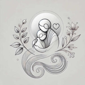 Black and grey linework showing two heads in an embrace, with a left leaf branch, a right flower, and flowing circular patterns; project, suitable for cover-up.