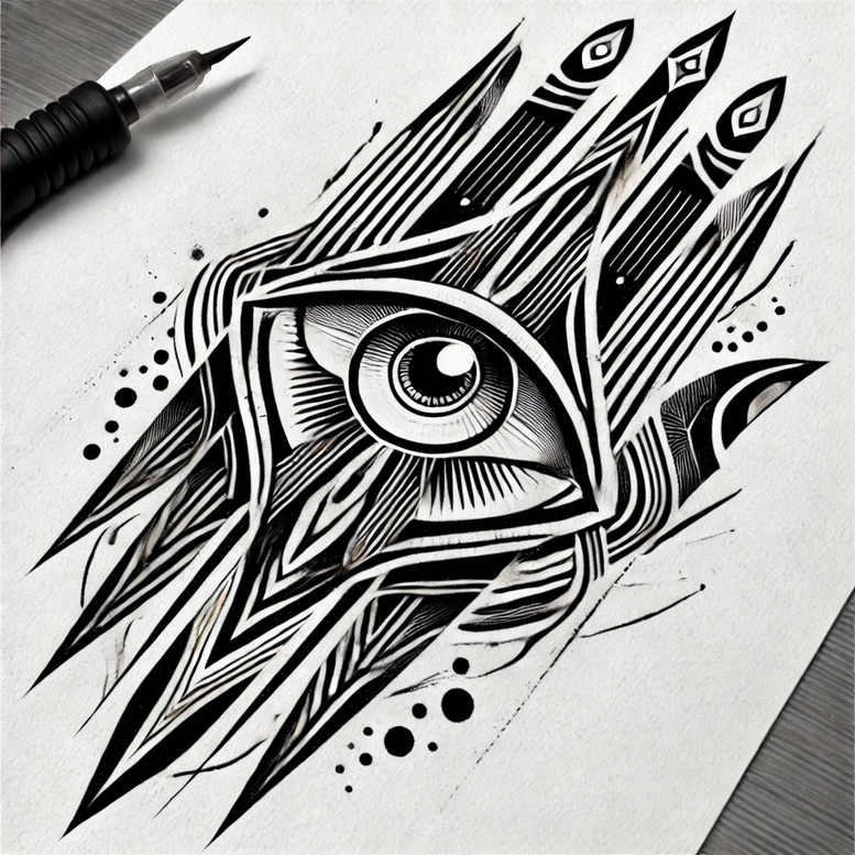 Eye motif with jagged geometric shards on white paper; black and grey; project concept; not suitable for cover-up.