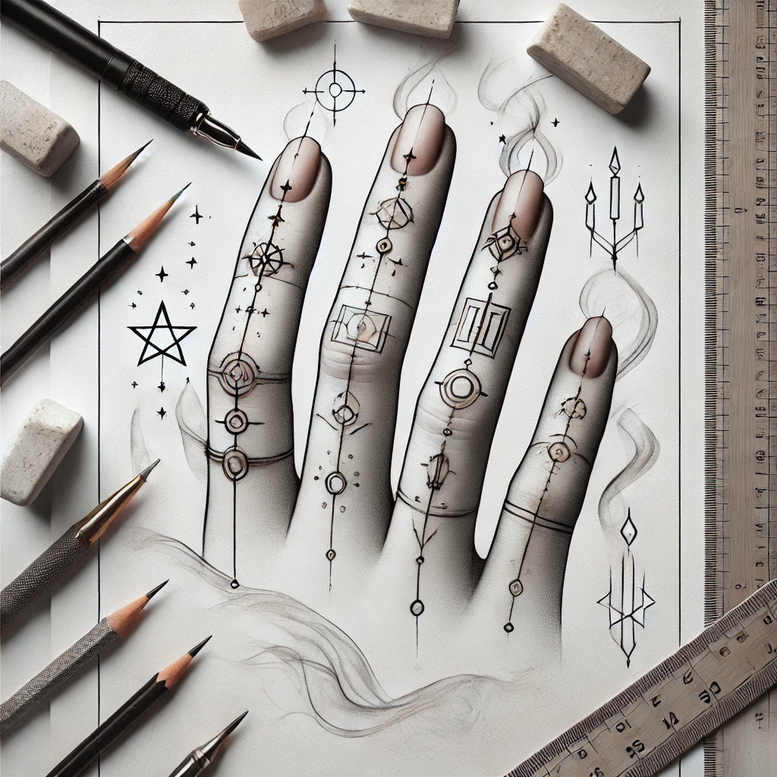 A black and grey concept sketch of a minimalist hand tattoo design, shown on paper with pencils, erasers and a ruler; this is a project idea.