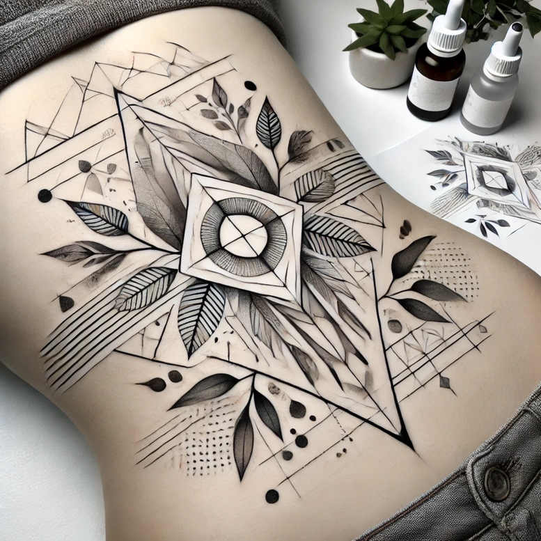 Black and grey geometric tattoo on thigh featuring a central diamond with a circle, layered triangles, leaves, lines, and dot shading; a cover-up friendly project.