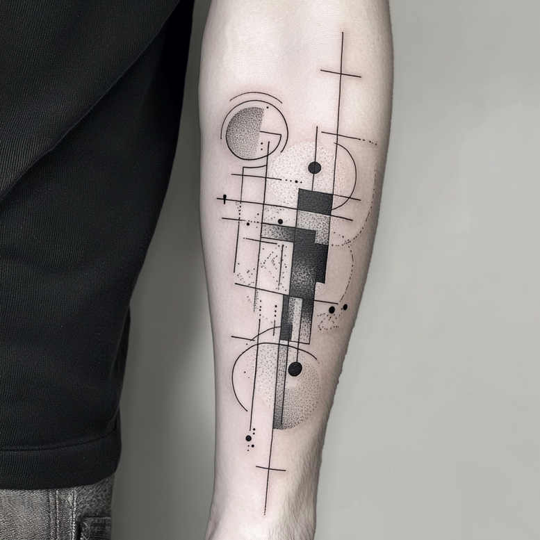 Geometric forearm tattoo with black rectangles, squares, circles, lines, and dots; arcs and grid-like patterns suggest a cover-up-ready design.