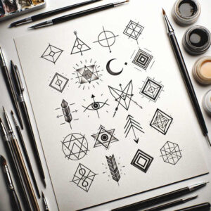 Eye, triangles, circles, squares, diamonds, feather, arrows; black ink on white paper; project idea; not ideal for cover-up.