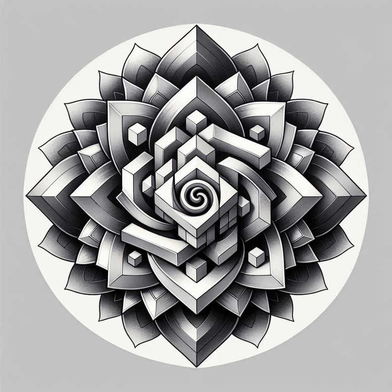 Lotus petals, circle backdrop, central spiral; black and grey; tattoo design idea; cover-up suitable.