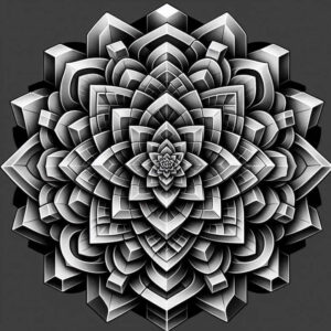 A black and grey geometric mandala with layered petals and angular facets, designed as a tattoo project and suitable for a cover-up.