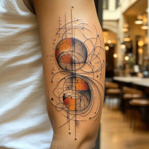 Geometric tattoo on forearm with interlocking circles, arcs, lines, and dots in black ink with orange fills; a bold project, suitable as a cover-up.