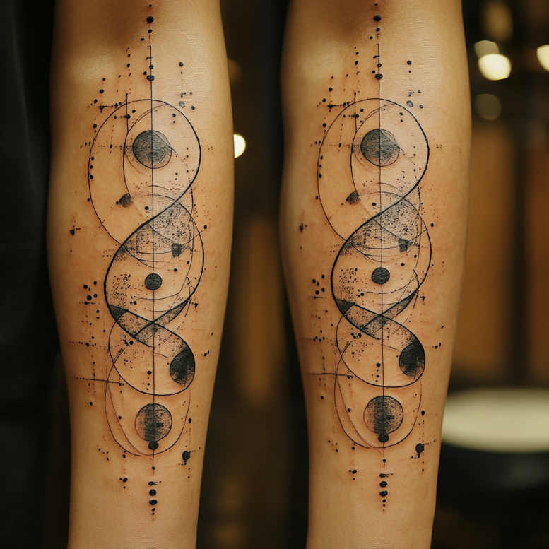 Black and grey geometric tattoo on forearms featuring interlocking circles, lines, and dot splatters; project concept; cover-up suitable.