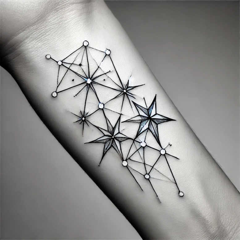 Black and grey geometric lattice tattoo on the forearm with repeating triangles and connecting lines; minimalist fine line concept, a project/idea.