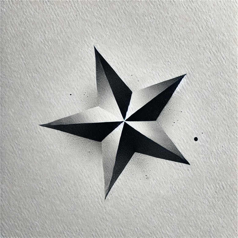 A black and grey minimalist five-point star tattoo design on a pale textured wall; project idea; cover-up suitable.