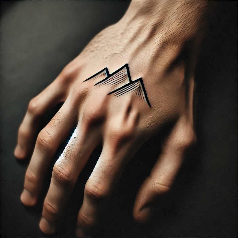 Hand with minimalist black ink mountain outline tattoo on the back of the hand, black and grey, concept art, cover-up suitable.