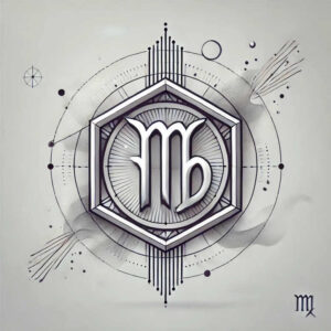 Geometric Virgo M glyph inside a black and grey hexagon frame with circles and orbit lines; tattoo project, not intended for cover-up.