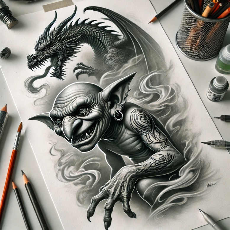 Goblin with a black-and-grey tattoo on the arm, dragon behind in a smoky backdrop; pencils, eraser, ink visible; AI-generated tattoo project; cover-up-ready.