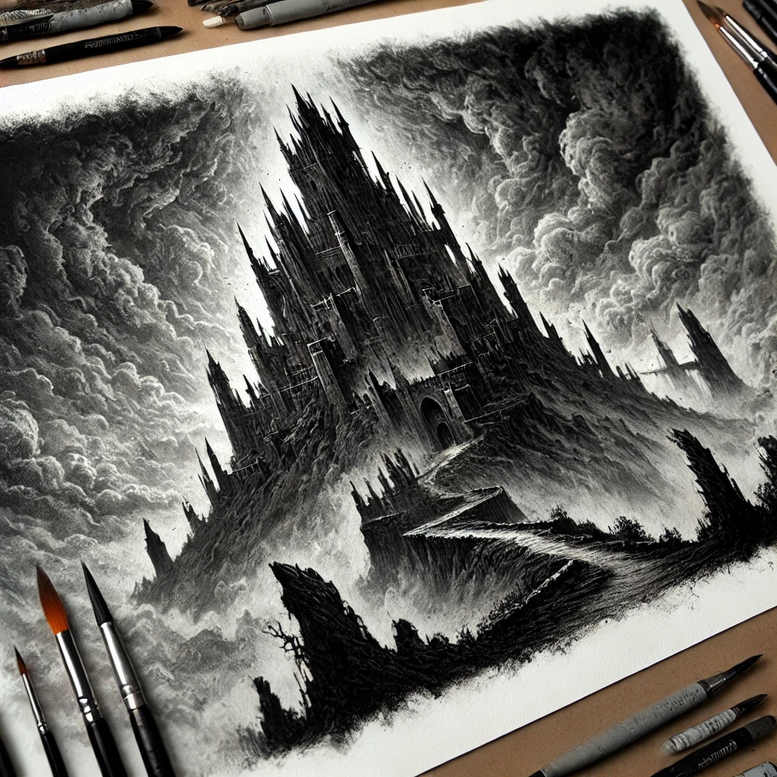 Castle on a jagged cliff rising into stormy clouds; grayscale pencil study framed by tools; AI-generated tattoo project, cover-up ready.