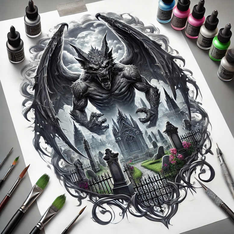 Black and grey dragon looming over a gothic cemetery gate, tombstone, iron fence, distant castle, and flowers; tattoo project idea; suitable for cover-up.