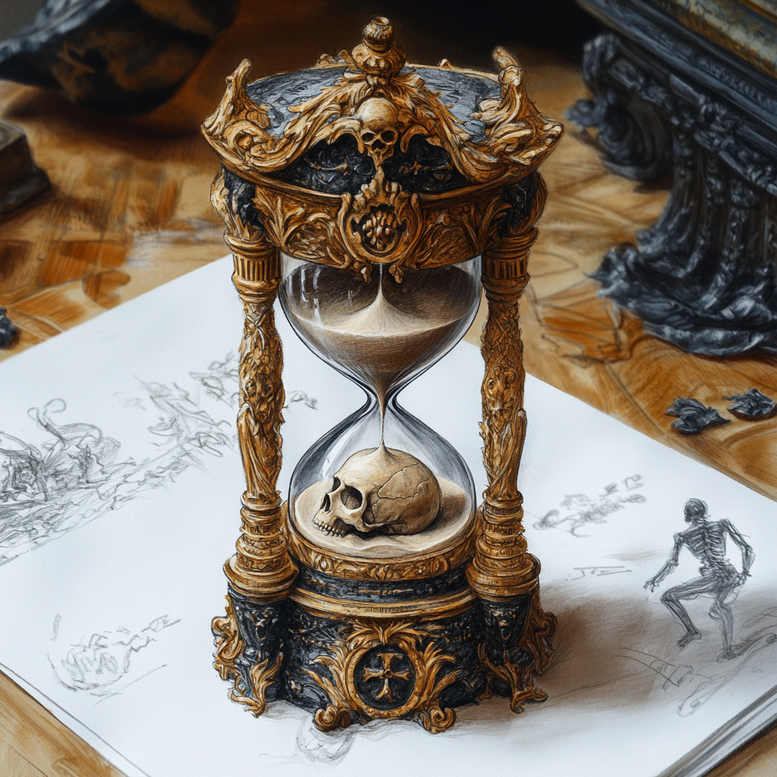 Hourglass with skull inside ornate bronze filigree on a carved base, set beside sketches on paper; black and grey tones; tattoo project; cover-up suitable.