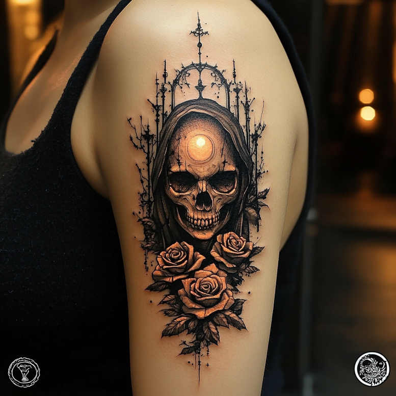 Skull in a dark hood with roses in black and grey; a tattoo project idea, suitable for a cover-up.