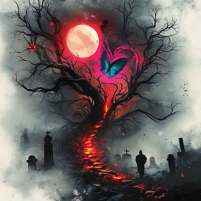 Tree silhouette in black and grey with lava-red trunk, blue-pink butterfly, pale moon, and misty graveyard; tattoo project idea, cover-up suitable, pattern.