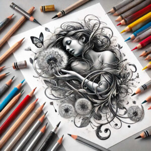 Black and grey illustration of a woman with flowing hair, dandelion seed heads, butterfly, vines, and leaves; tattoo design idea; suitable for cover-up.