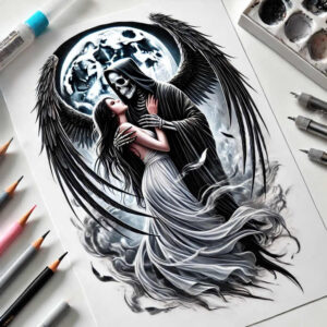 Grim reaper with a woman in a flowing dress under a moon, black and grey winged scene; cover-up-ready tattoo project.