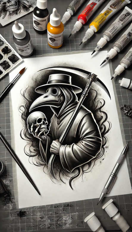 Black and grey plague-doctor figure with skull and scythe on a drawing paper; a tattoo design concept, suitable for cover-up.