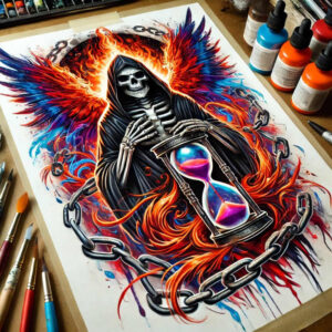 grim-reaper tattoo design ideas Surrealism floating elements dark aura endurance and power
