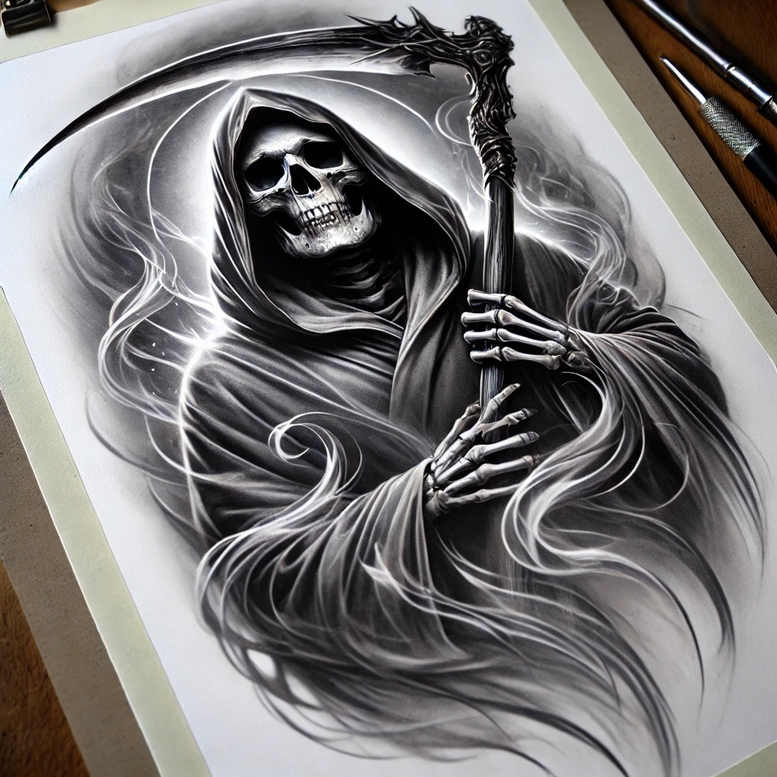 grim-reaper tattoo design ideas solid fill shadowed strength and power