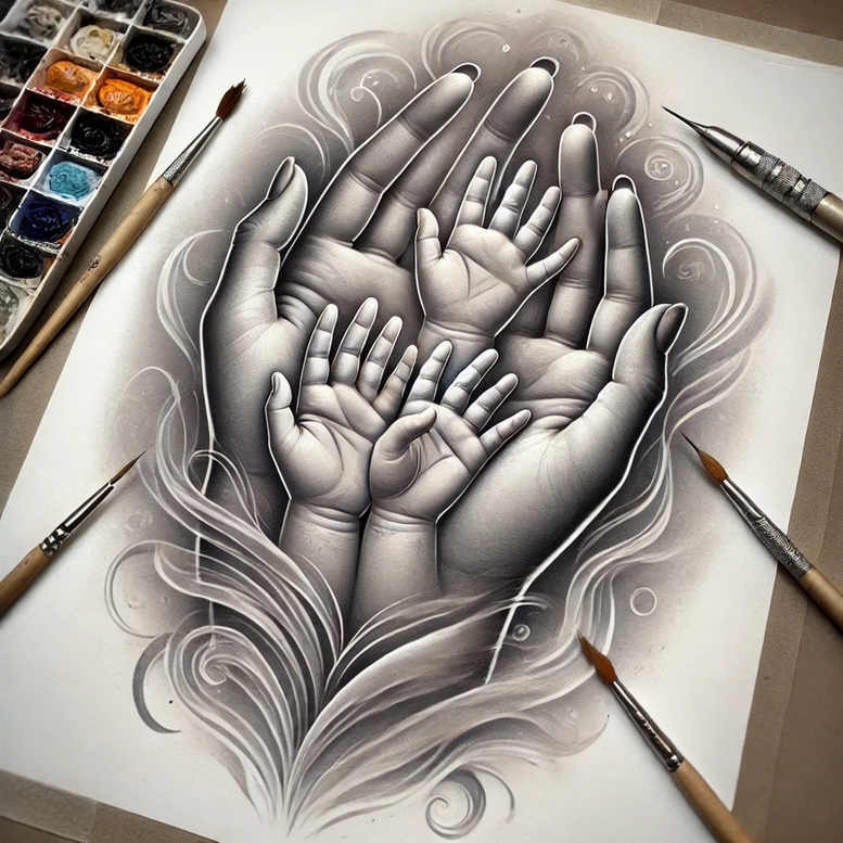 Hands in grayscale, multiple overlapping hands forming a family-like composition, black and grey shading; AI-generated tattoo project; pattern-ready cover-up.