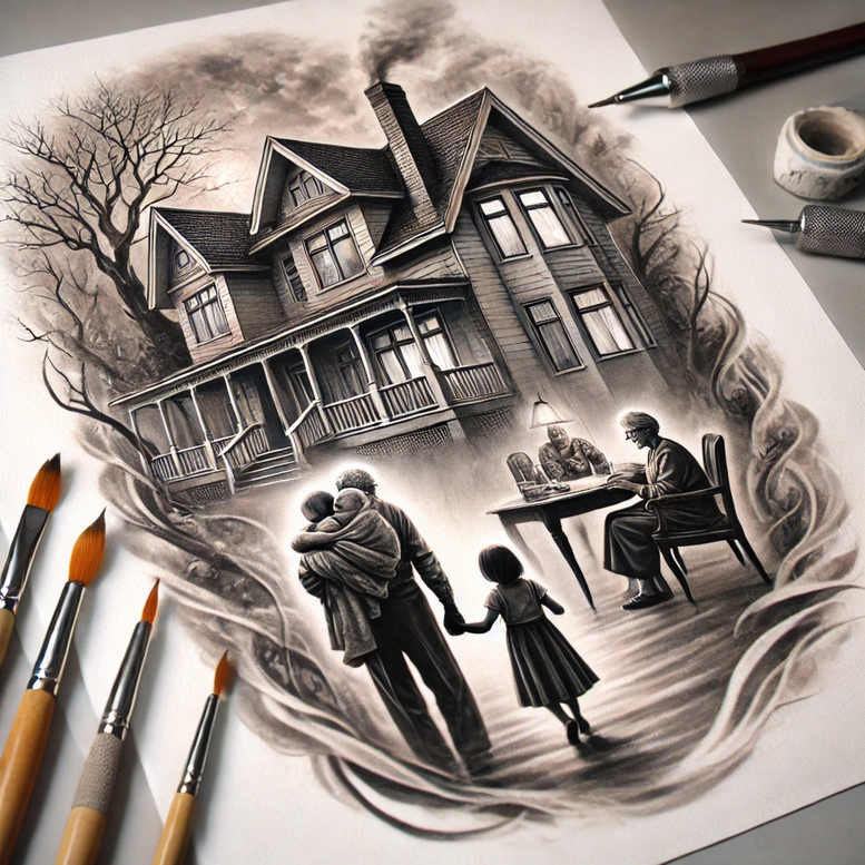 House in grayscale with a couple embracing, a girl, table, and tree, set against swirling shadows; AI-generated tattoo project; ideal for cover-up.