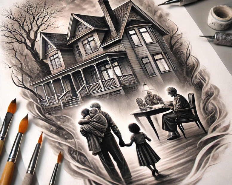 Black and grey tattoo concept with haunted house, bare tree, couple embracing, child, table with a figure, lamp, and edge brushes; AI-generated tattoo project; cover-up-ready.