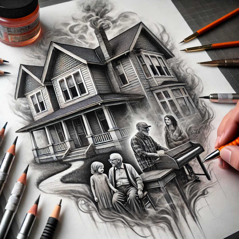House, piano, man, woman, child, smoke; black and grey; AI-generated tattoo project; cover-up-ready.