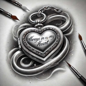 Heart-shaped locket pendant in black and grey with chain visible, surrounded by tattoo brushes; AI-generated tattoo project.