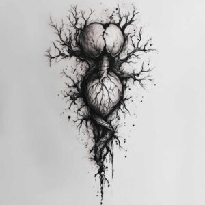 Heart with twisting branches forming a tree-root silhouette in black and grey ink; visible elements include two hearts, branches, roots, and splatters; cover-up tattoo project.