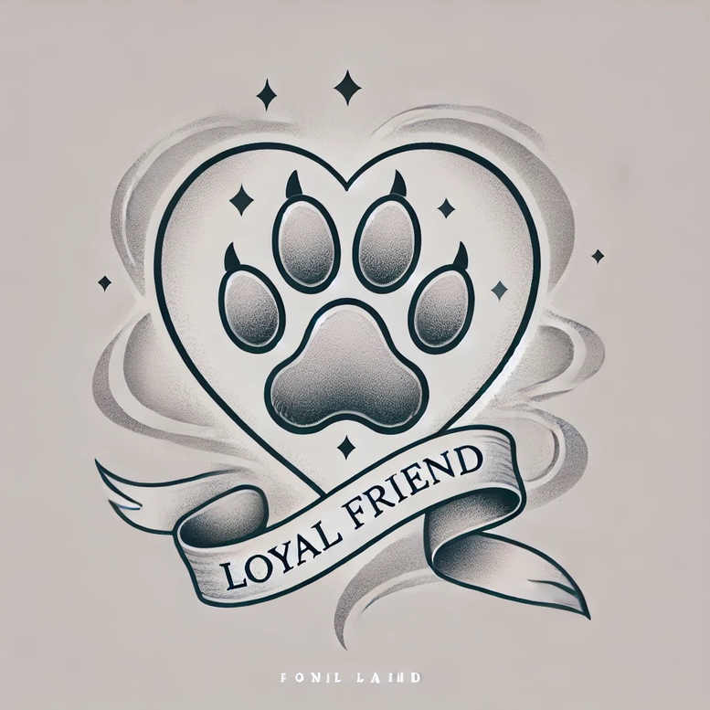 Heart with paw print inside, banner reading Loyal Friend, black and grey shading; AI-generated tattoo project concept; suitable for a cover-up.