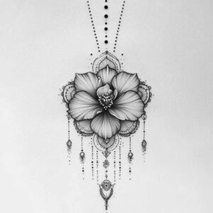 Hibiscus flower in black and grey with mandala lace, beaded chains and teardrop pendants; tattoo project idea, suitable for cover-up.