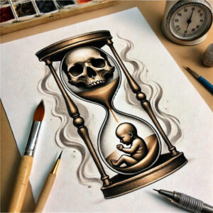 Hourglass with a skull in the top chamber and a baby curled in the bottom, surrounded by wisps of smoke; brown wooden frame, grayscale shading; tattoo project idea.