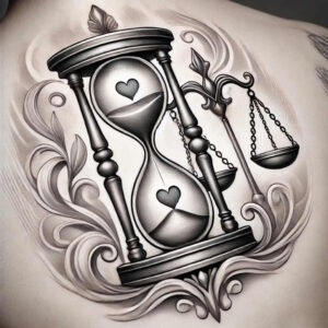 Hourglass, scale, heart, ornament in black and grey; tattoo project, cover-up-ready.