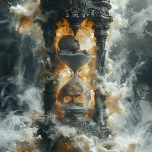 Hourglass centerpiece with ornate black pillars, baby in the top chamber, skull in the bottom chamber, orange glow inside, and surrounding grey smoke; tattoo project idea; cover-up suitable.
