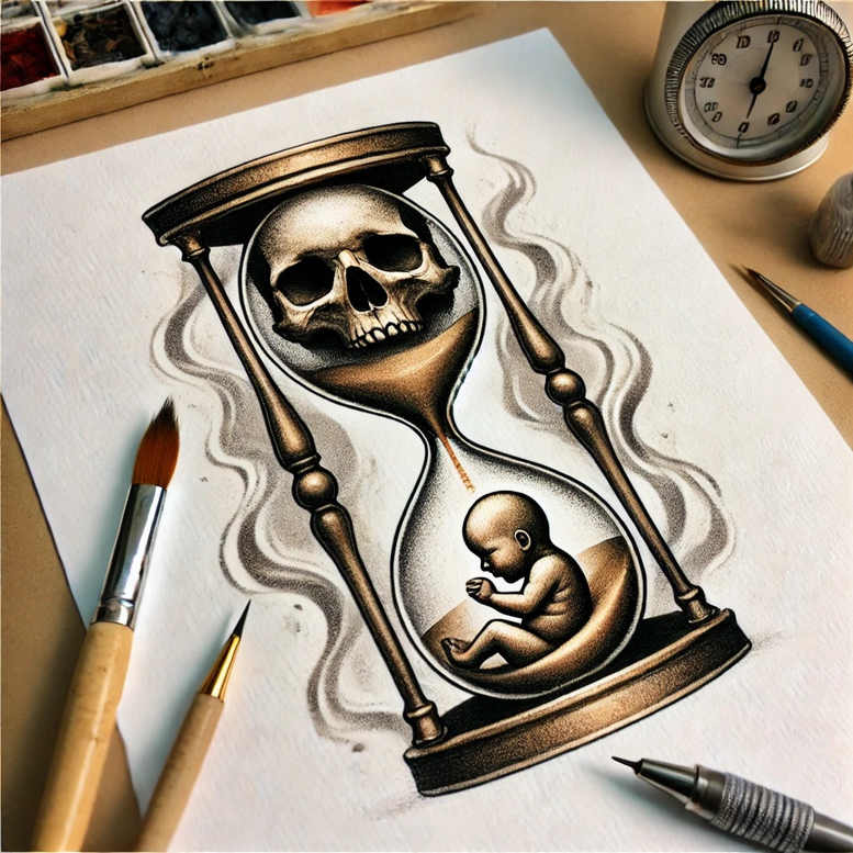 Hourglass with a skull in the top bulb and a fetus in the bottom, all in black and grey; visible smoke, palette, brush, pencil, pen, and timer; project for cover-up.
