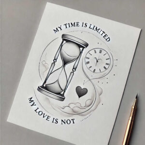 Hourglass and clock in black and grey line art with a heart and clouds; tattoo design idea, AI-generated; suitable for a cover-up.