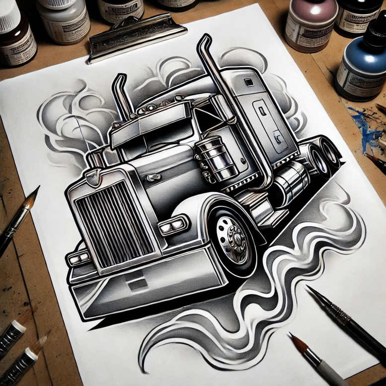 Grey-toned truck tattoo in black and grey; visible elements include grille, wheels, exhaust pipes, cab, and swirling smoke; finished tattoo design idea, suitable for cover-up.